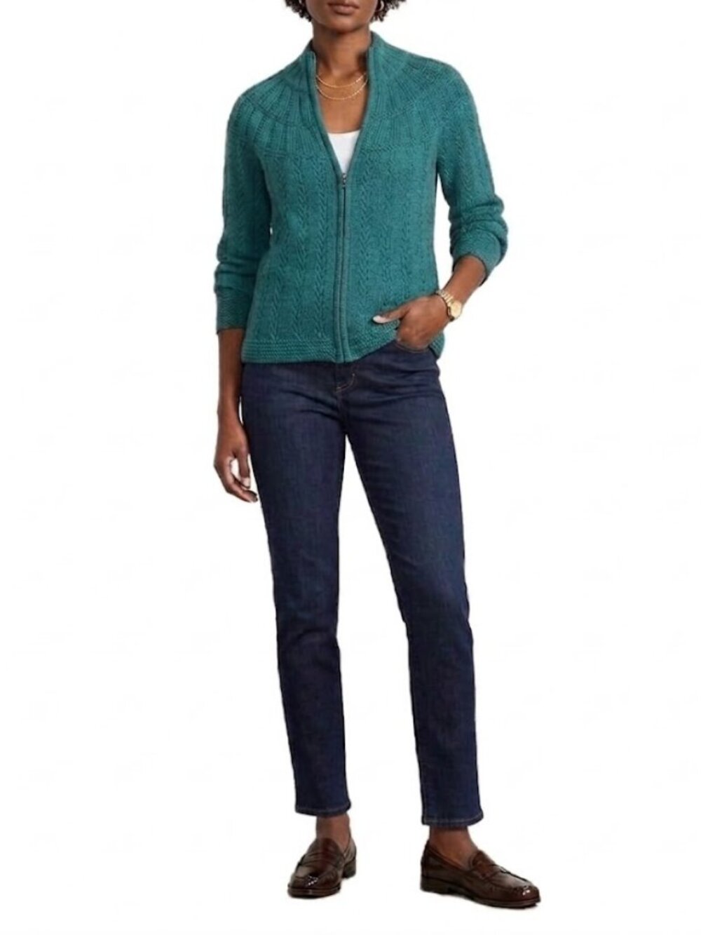 NWT Talbots Green Zip Cardigan Medium Cotton Blend Mock Neck Classic